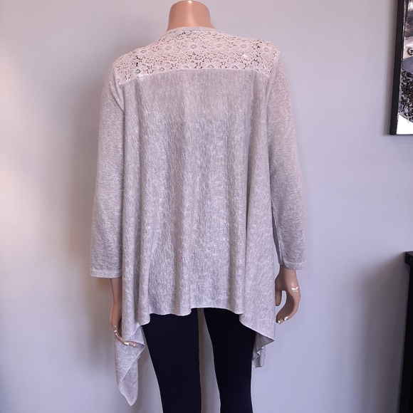 ELENA BALDI Floral Lace Open Front Cardigan Long Sleeve Hankerchief Hem Taupe - Picture 7 of 12